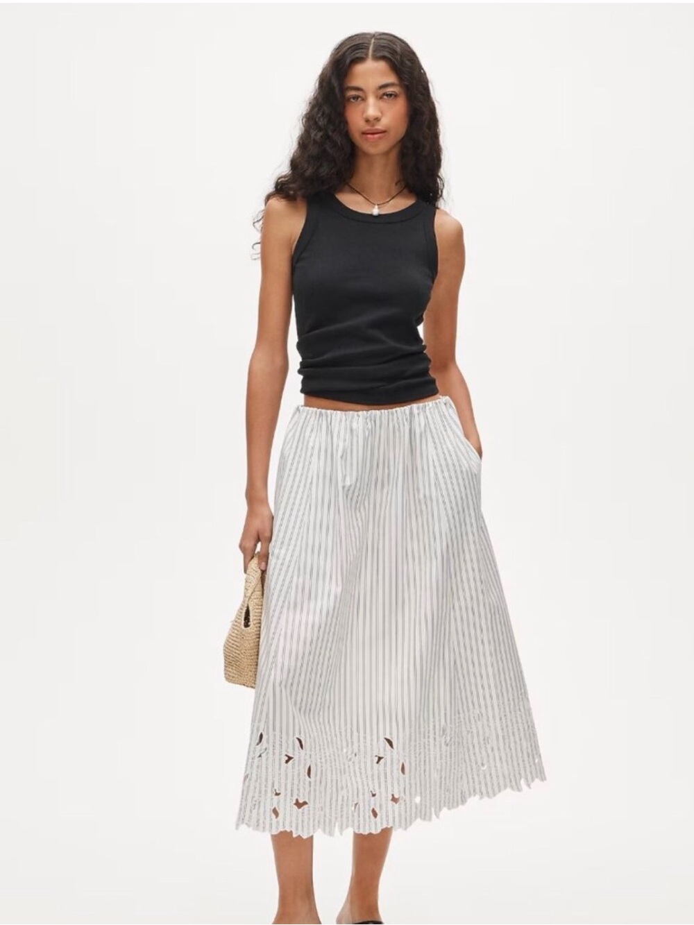 J Crew Embroidered Pull-On Midi Skirt in Striped Cotton Poplin